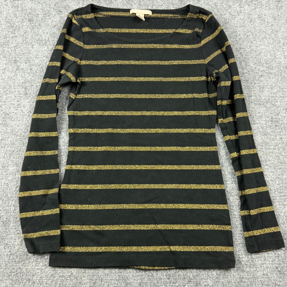 Banana Republic Top Womens‎ S Black Gold Metallic Striped Boat Neck Long Sleeve